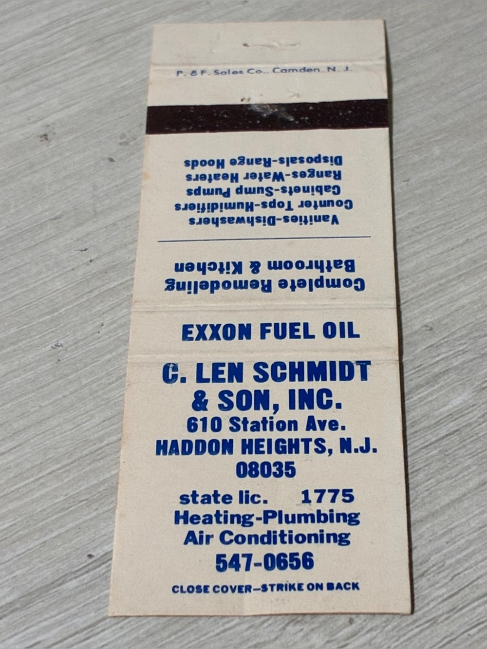 Vintage Exxon Fuel Oil Match Cover C Len Schmidt Haddon Heights NJ Ephemera